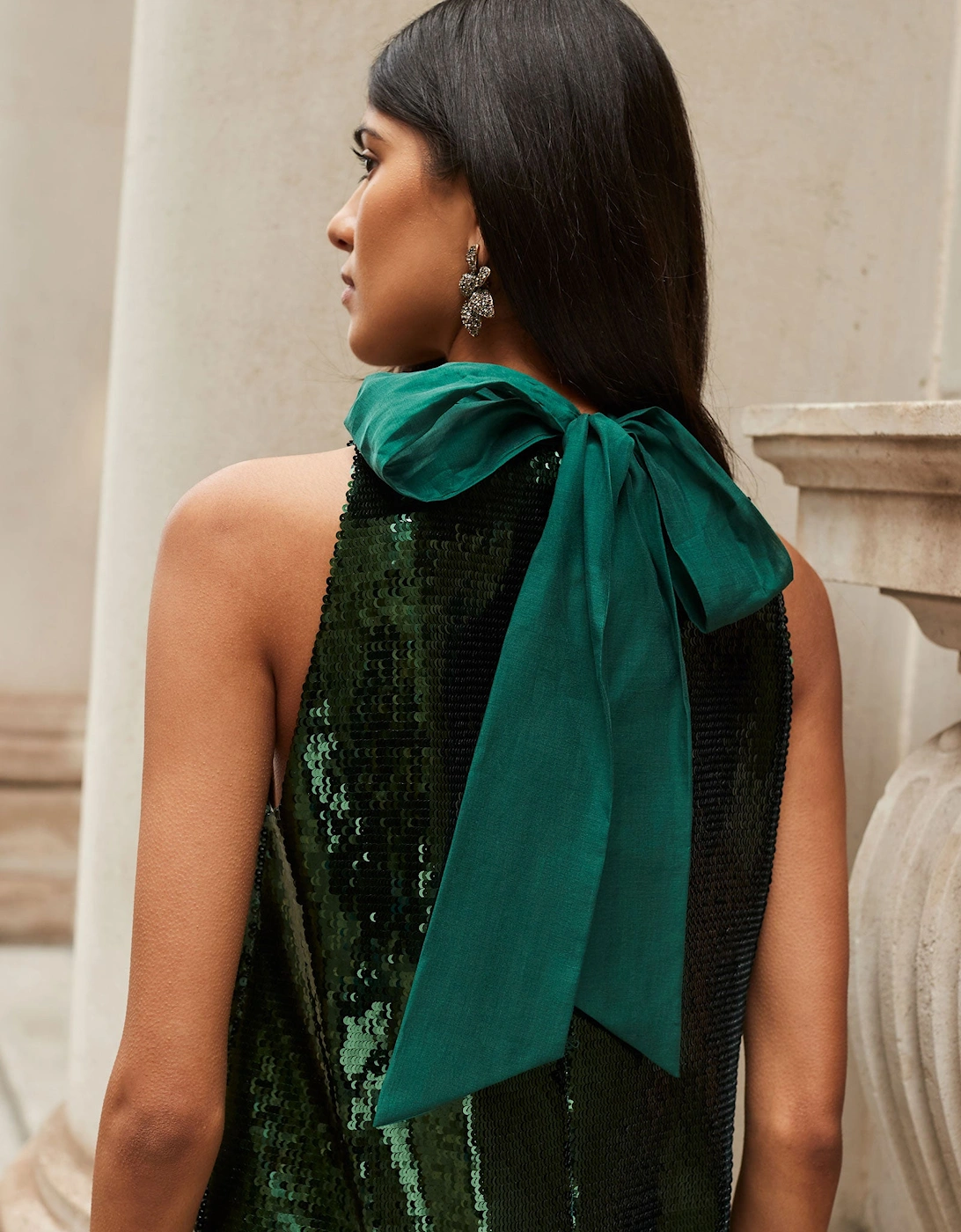 Petite Freya Emerald Green Sequinned Halterneck Dress