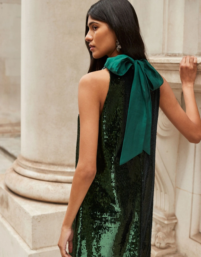 Petite Freya Emerald Green Sequinned Halterneck Dress