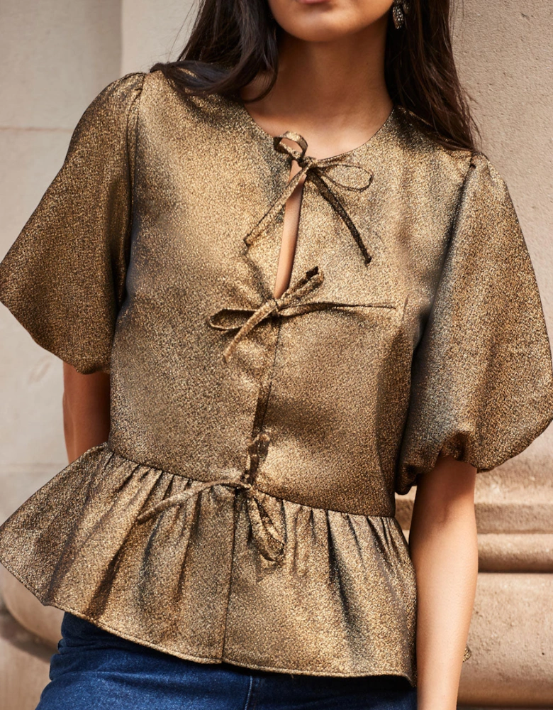 Gold Tie Front Puff Sleeve Top