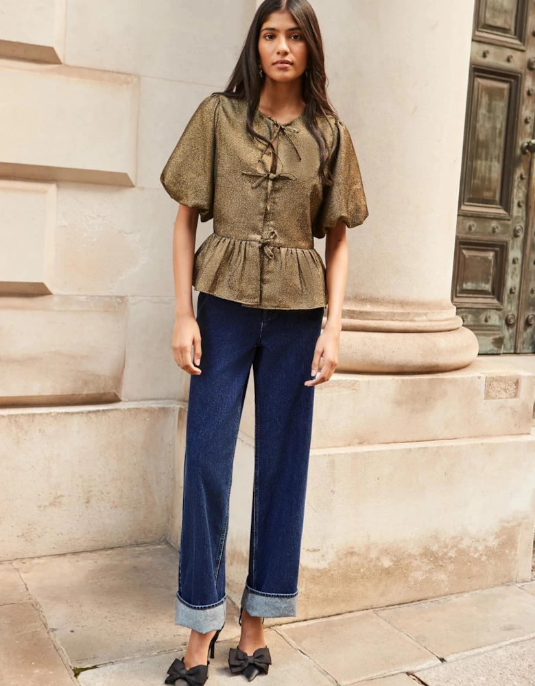 Gold Tie Front Puff Sleeve Top
