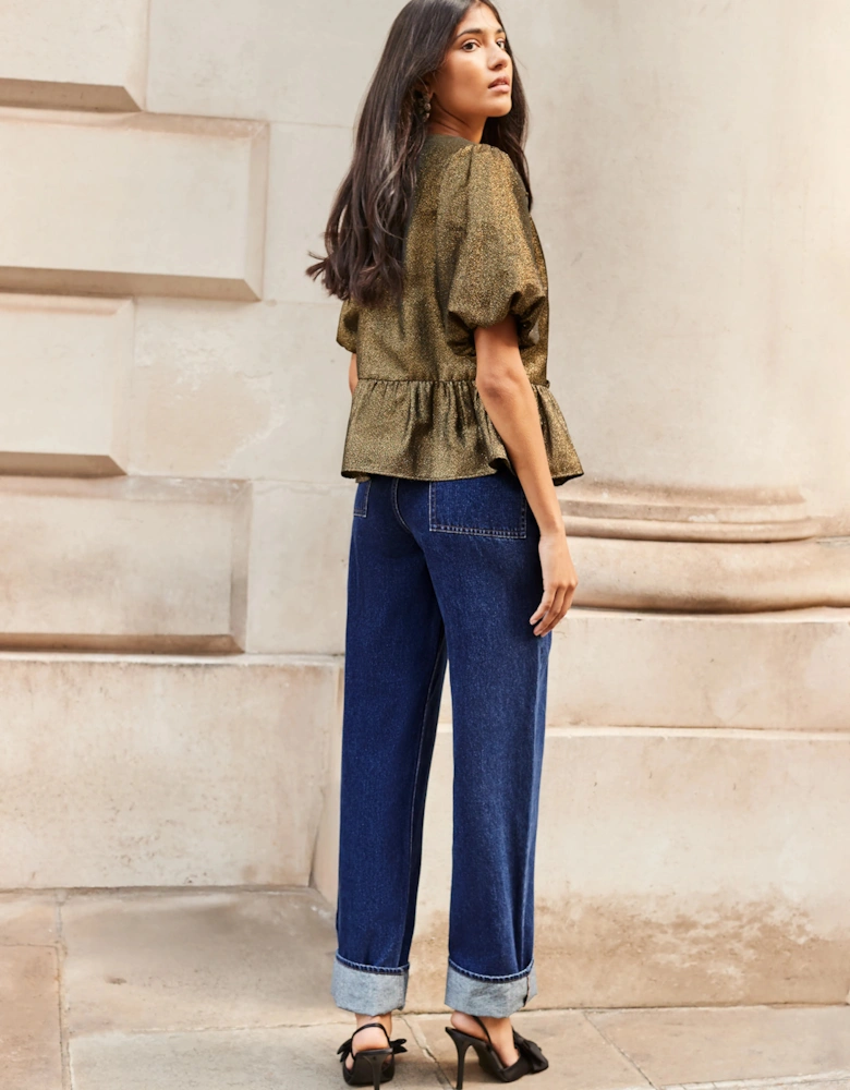 Gold Tie Front Puff Sleeve Top
