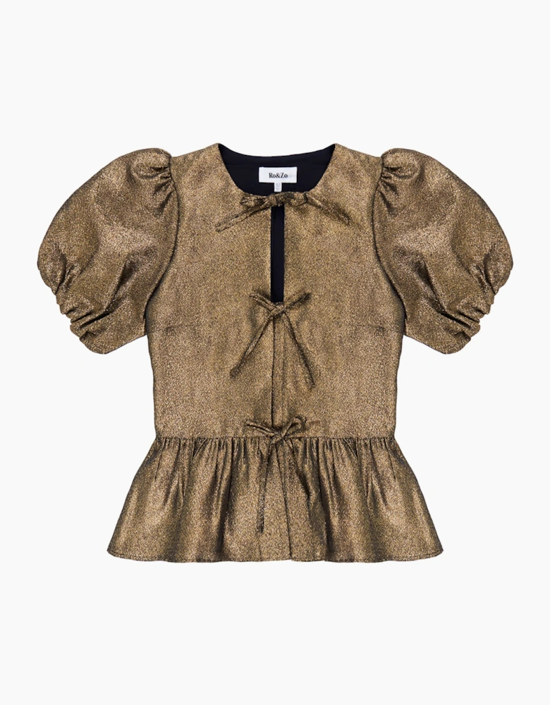 Gold Tie Front Puff Sleeve Top