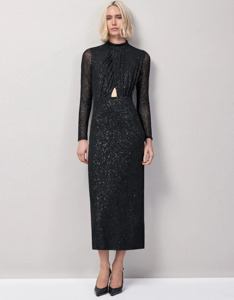Cleo Black Flocked Cut Out Detail Dress