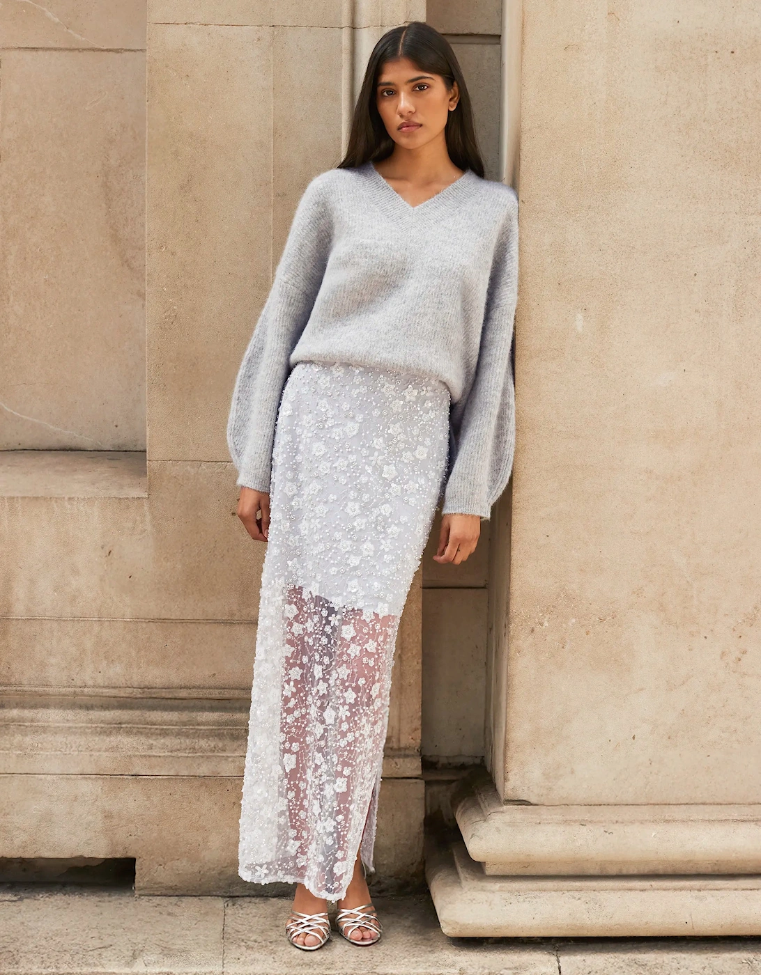 Silver Crystal Sequin Beaded Skirt