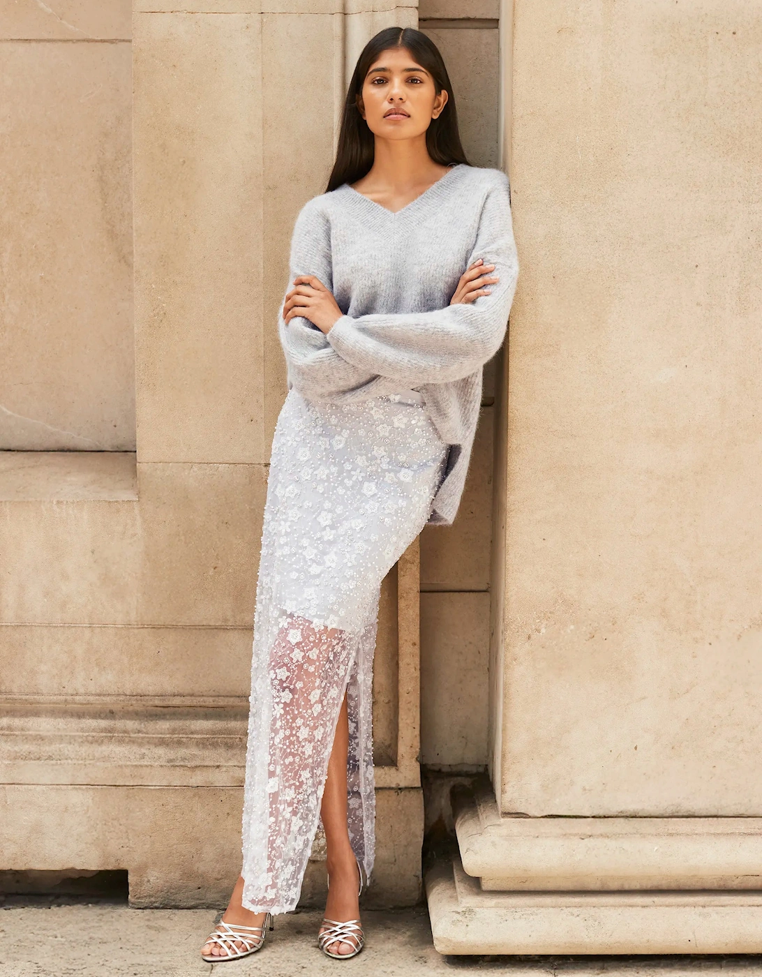 Silver Crystal Sequin Beaded Skirt