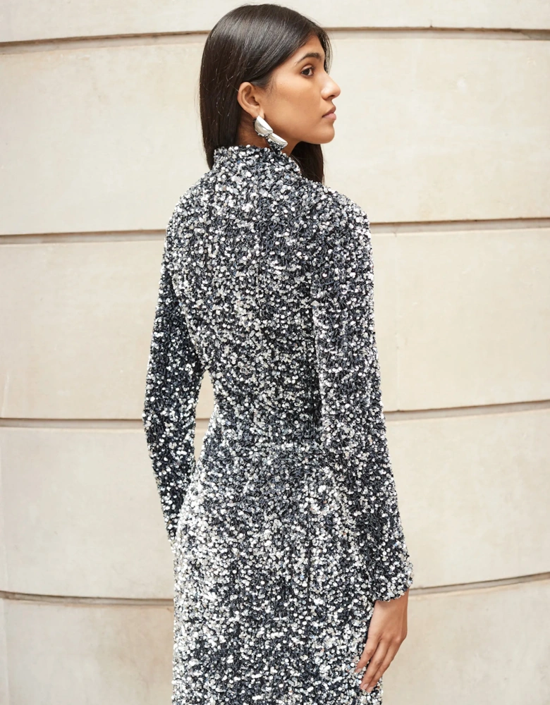 Petite Astrid Silver Long Sleeve Velvet Sequin Dress