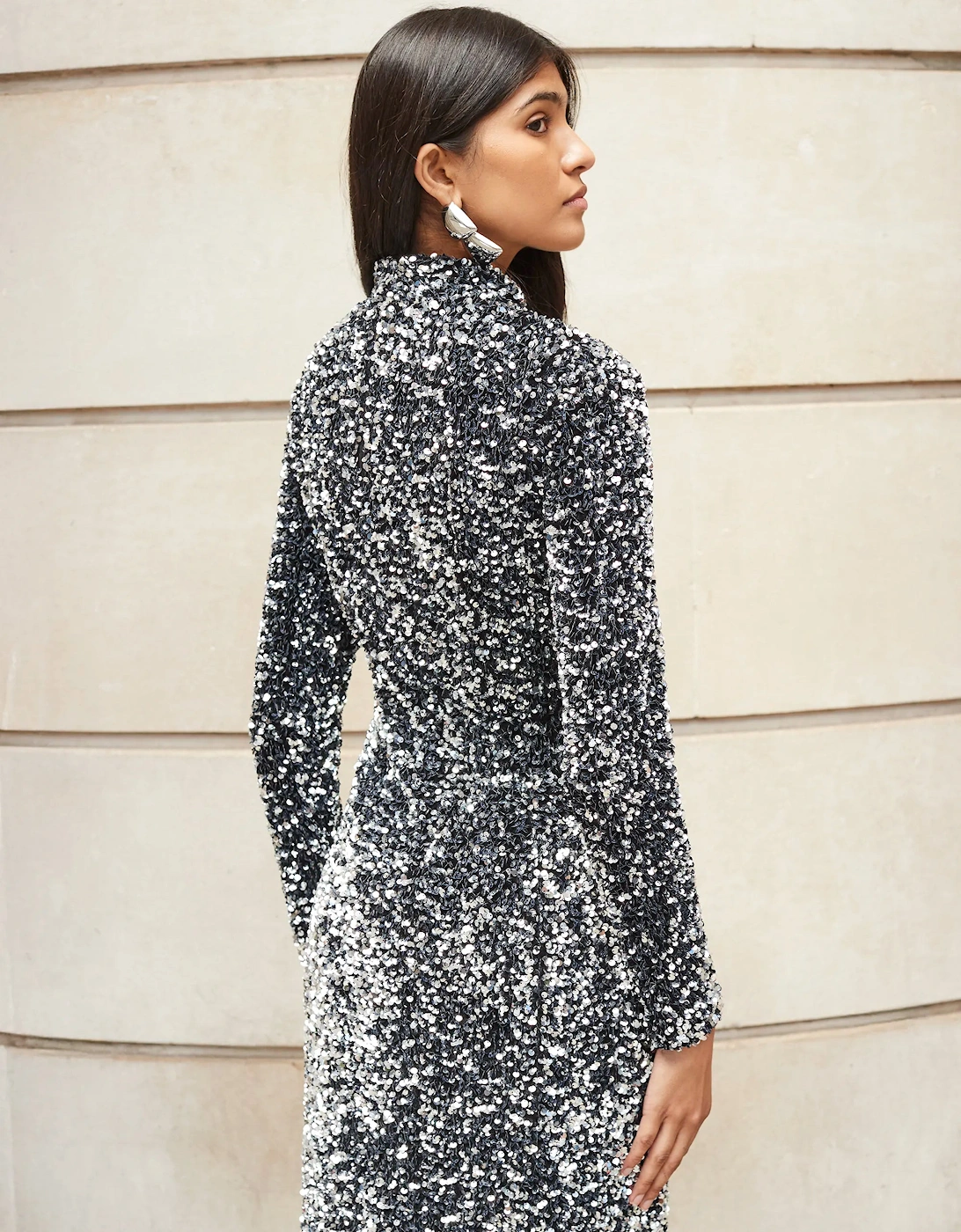 Petite Astrid Silver Long Sleeve Velvet Sequin Dress