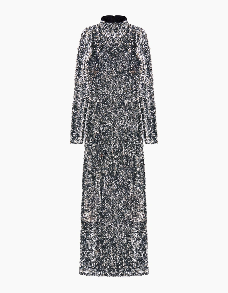 Petite Astrid Silver Long Sleeve Velvet Sequin Dress
