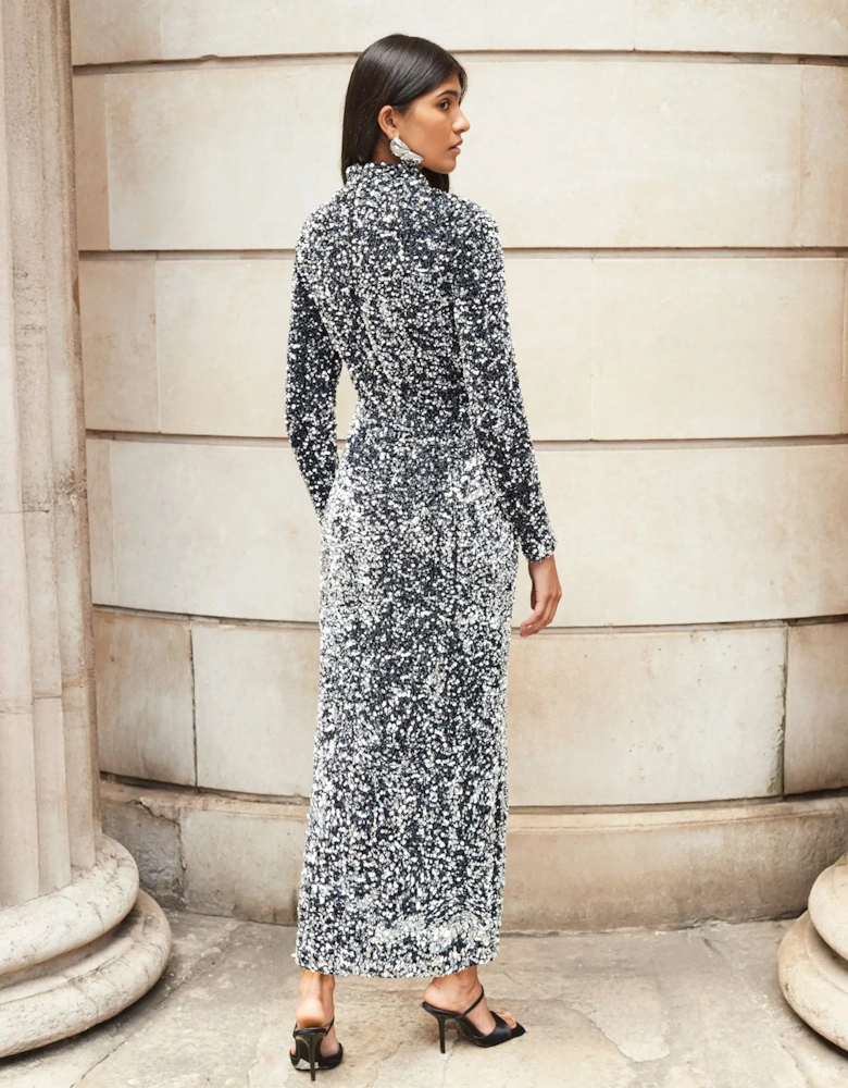 Petite Astrid Silver Long Sleeve Velvet Sequin Dress