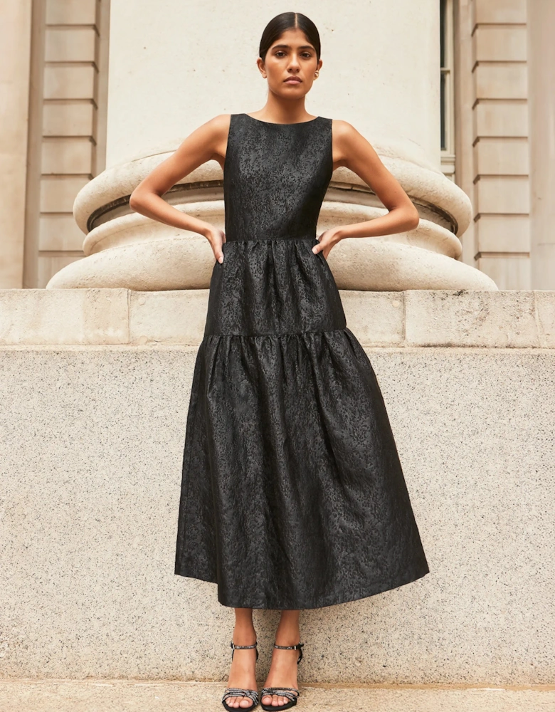Petite Georgie Black Tiered Jacquard Dress