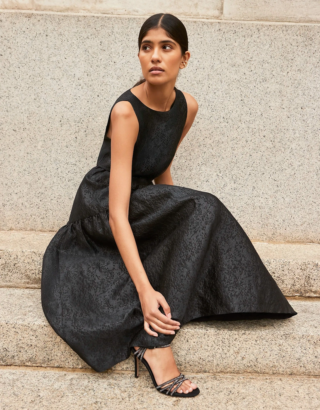 Petite Georgie Black Tiered Jacquard Dress