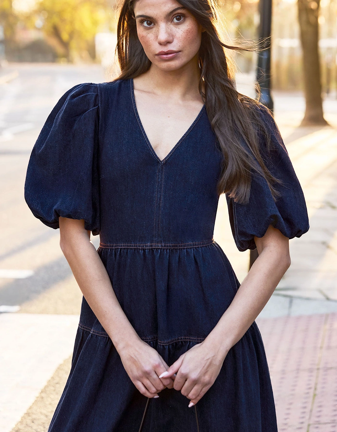 Petite Blue Denim Puff Sleeve Midi Dress