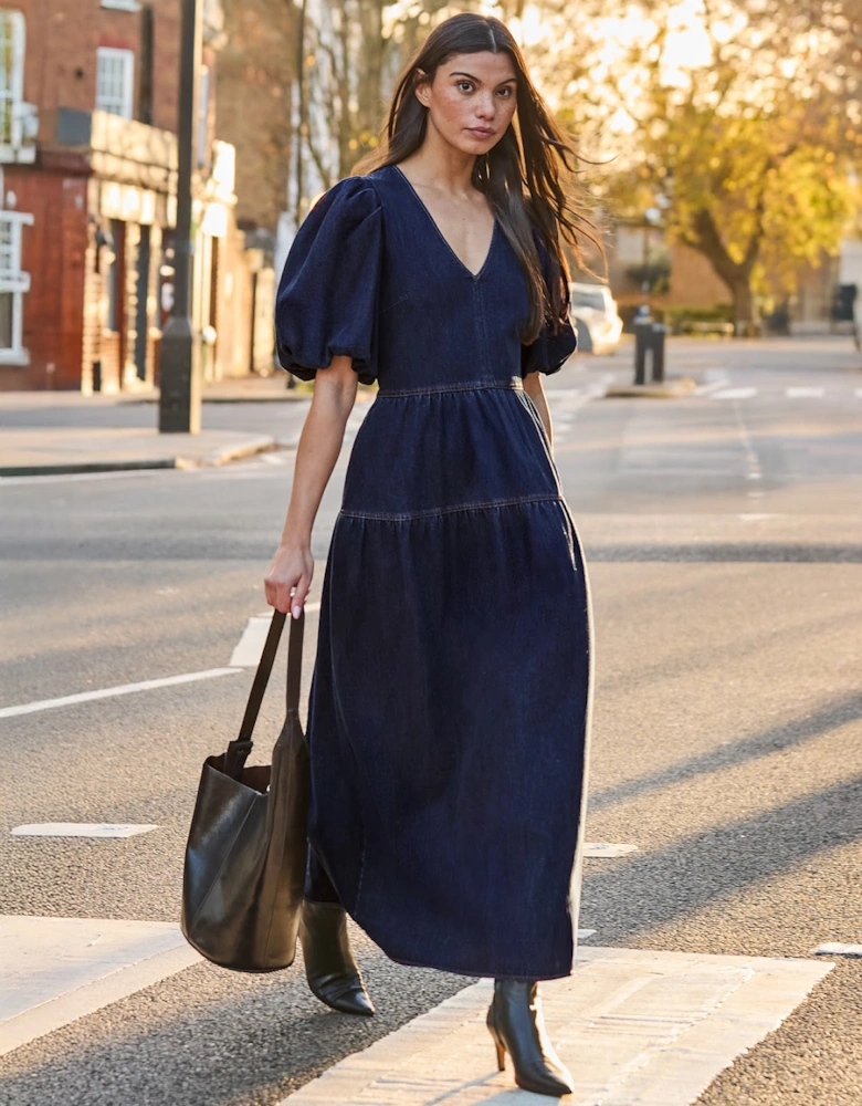 Petite Blue Denim Puff Sleeve Midi Dress