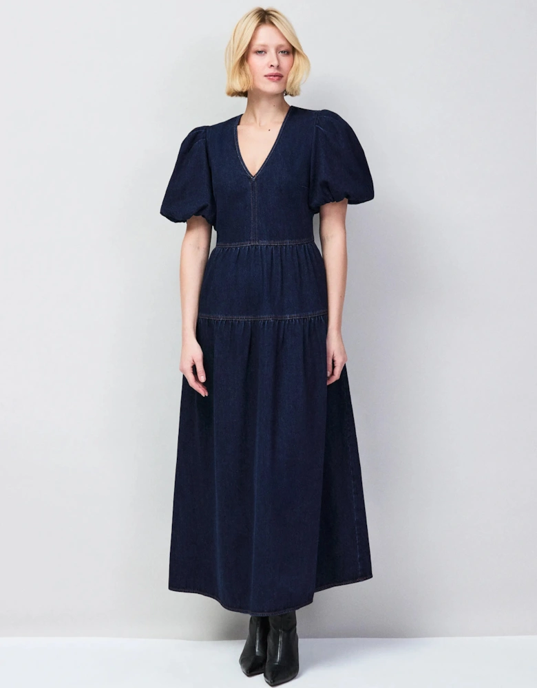 Petite Blue Denim Puff Sleeve Midi Dress
