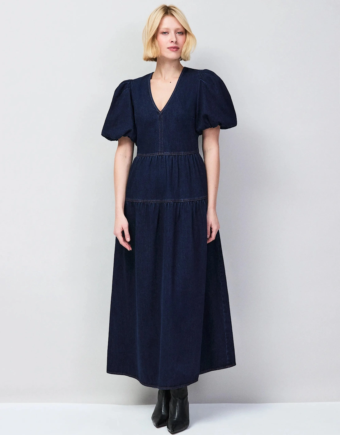Petite Blue Denim Puff Sleeve Midi Dress
