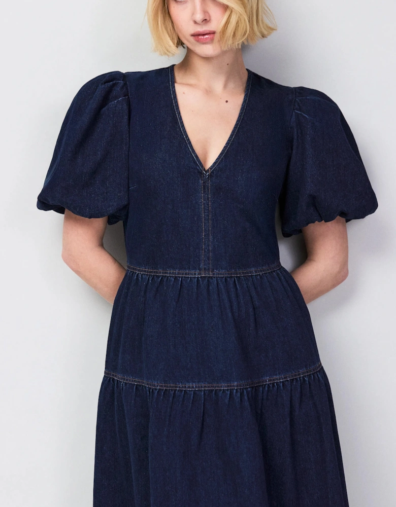 Petite Blue Denim Puff Sleeve Midi Dress