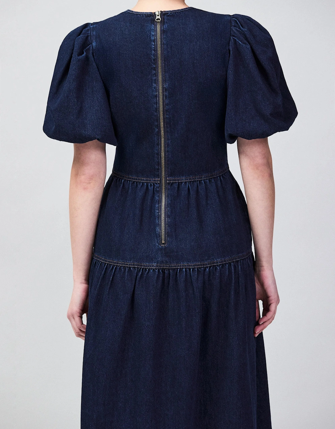 Petite Blue Denim Puff Sleeve Midi Dress