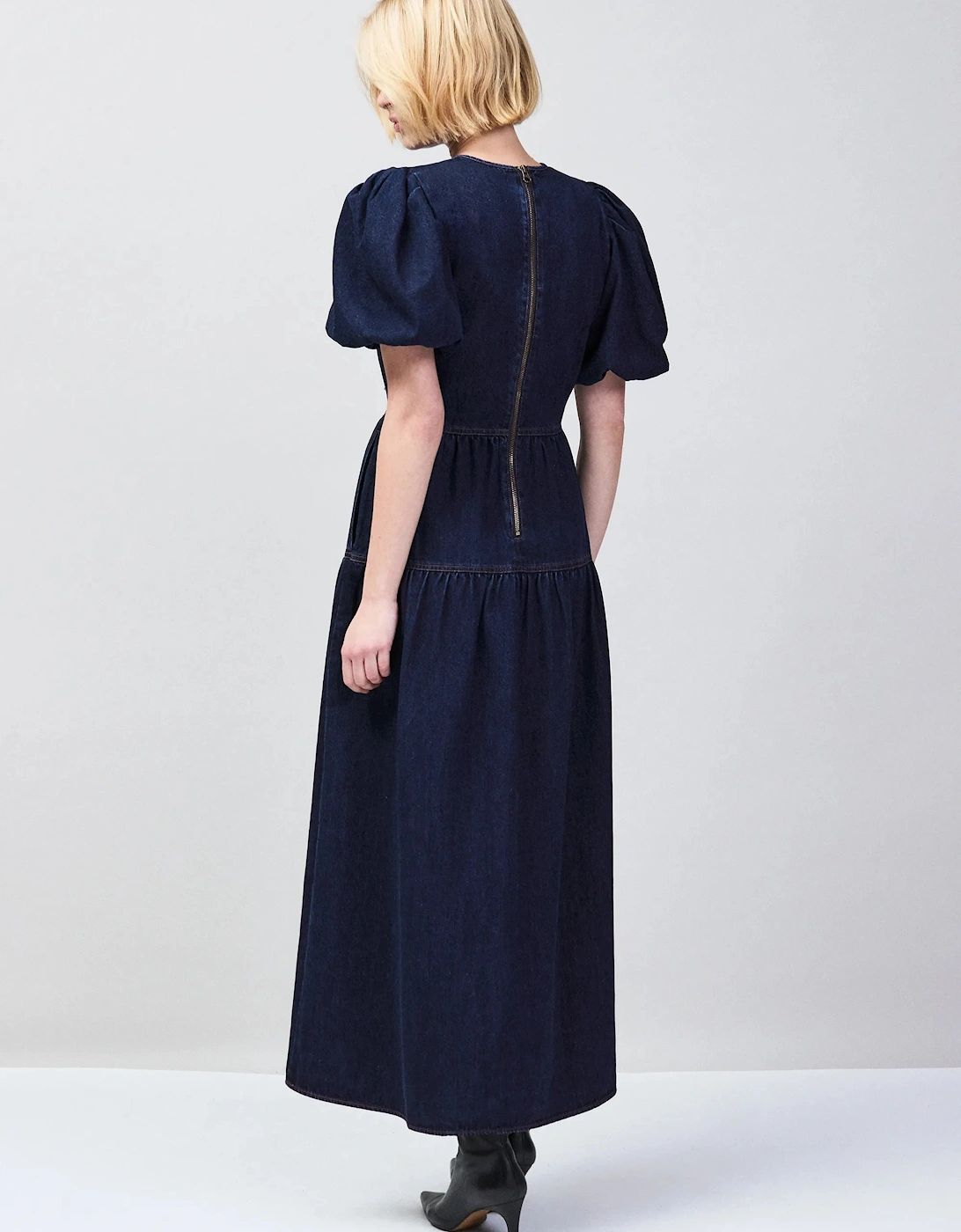 Petite Blue Denim Puff Sleeve Midi Dress