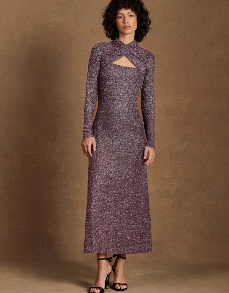 Cameron Pink Sparkle Long-Sleeve Cut-Out Dress