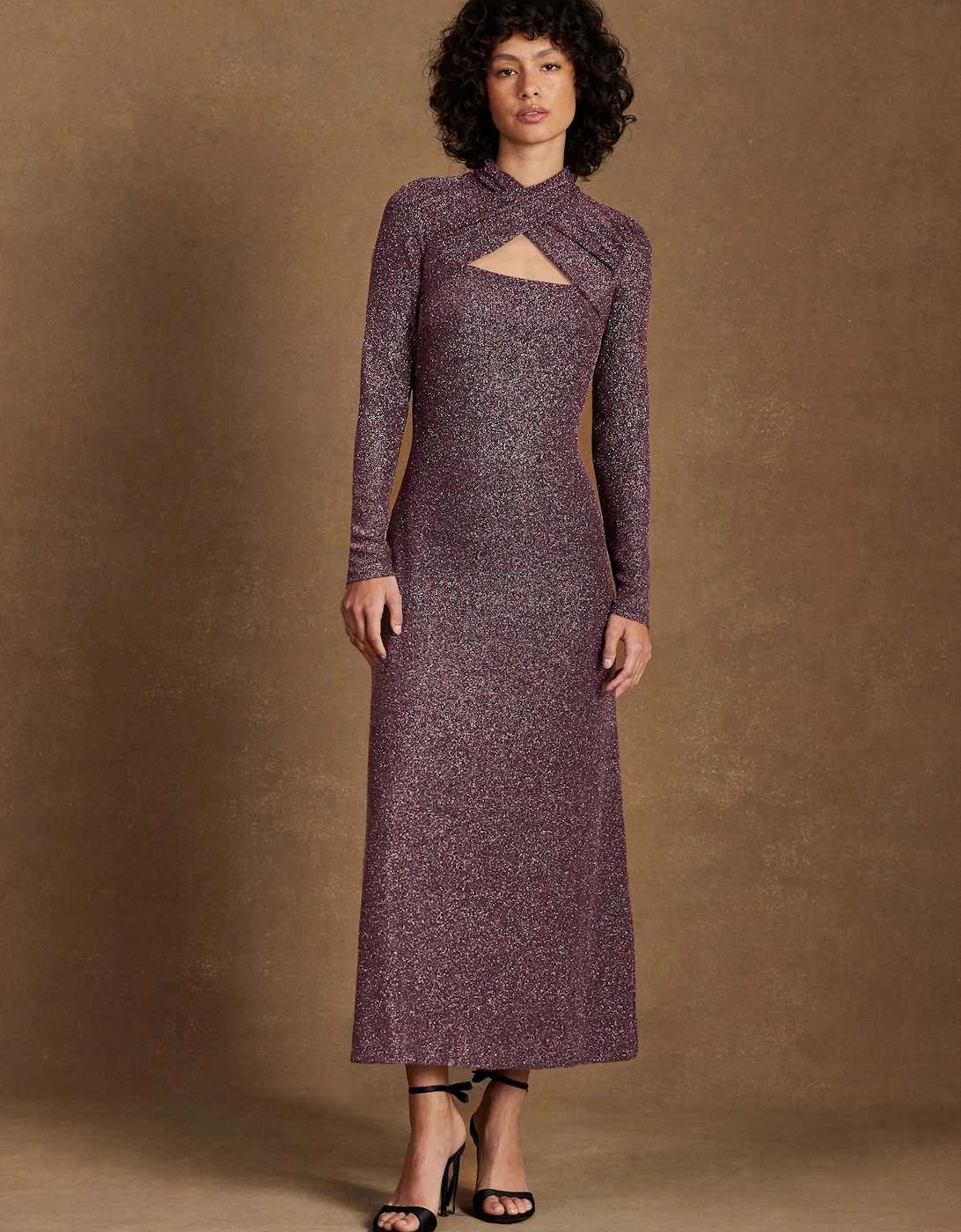 Cameron Pink Sparkle Long-Sleeve Cut-Out Dress