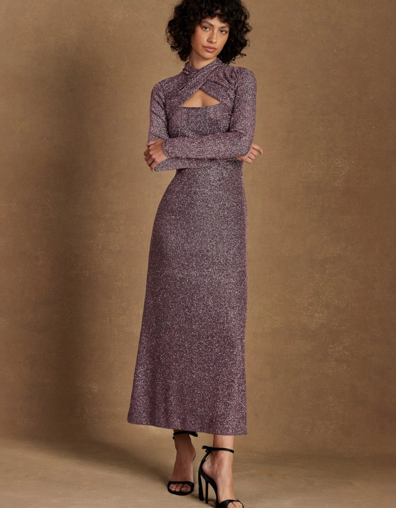 Cameron Pink Sparkle Long-Sleeve Cut-Out Dress