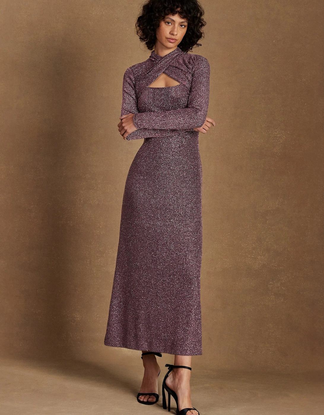 Cameron Pink Sparkle Long-Sleeve Cut-Out Dress