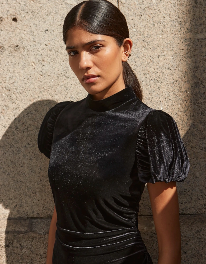 Madison Black Velvet Tulip Sleeve Mini Dress