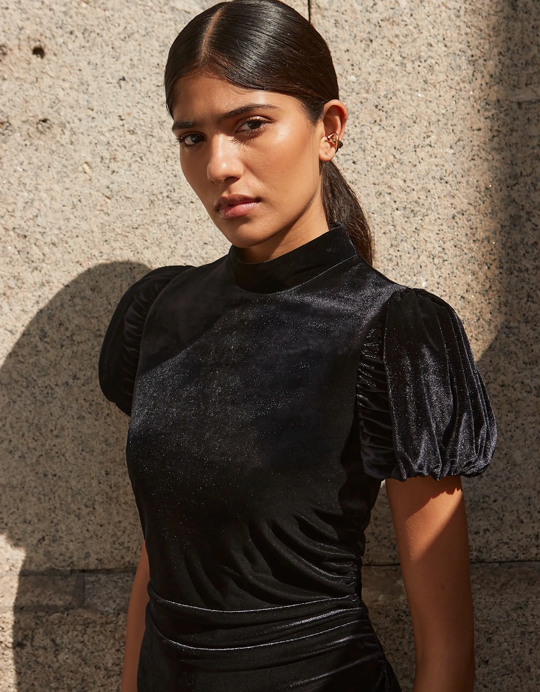 Madison Black Velvet Tulip Sleeve Mini Dress