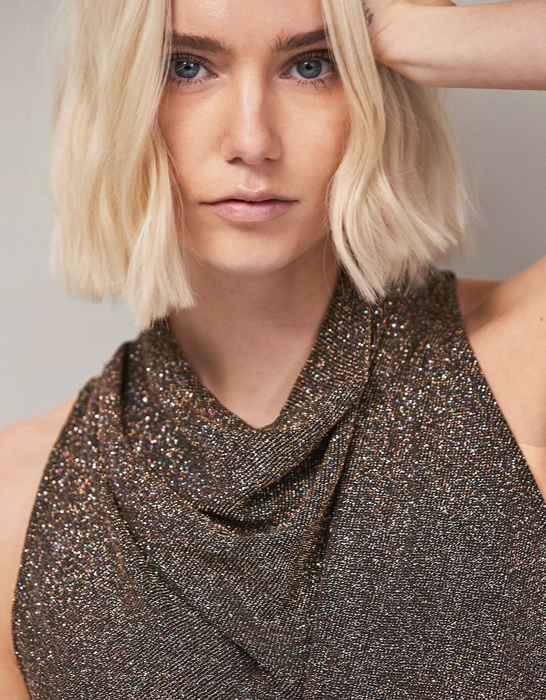 Gold Sparkle Jersey Cowl Top