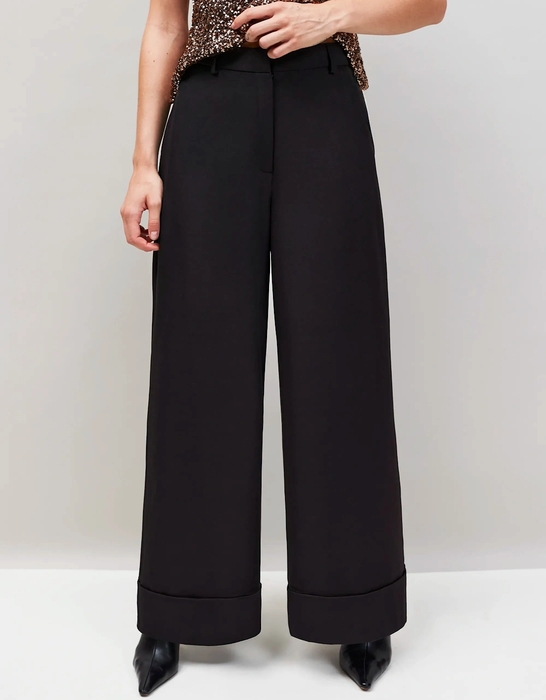 Petite Black Turn Up Trousers