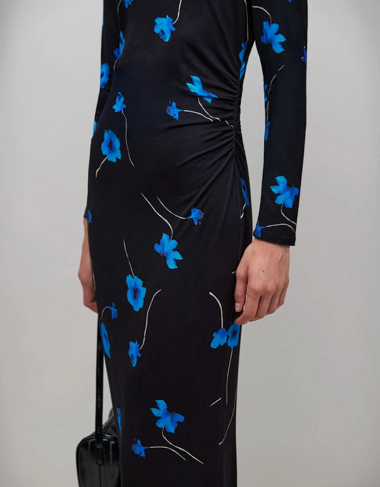 Blue Floral Print Jersey Dress