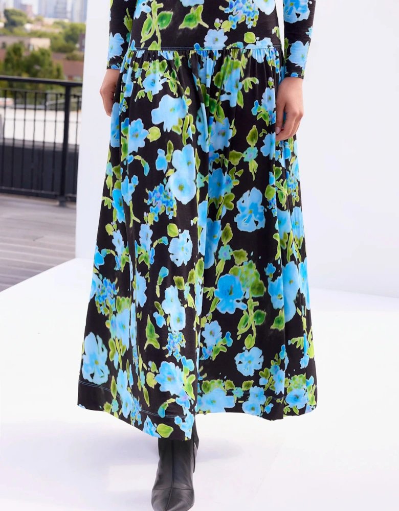 Blue And Green Floral Dropped Waist Jersey Dress