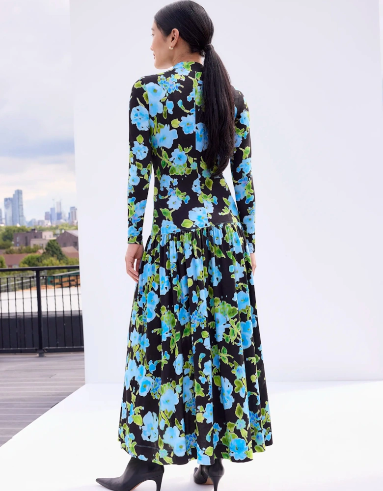 Blue And Green Floral Dropped Waist Jersey Dress