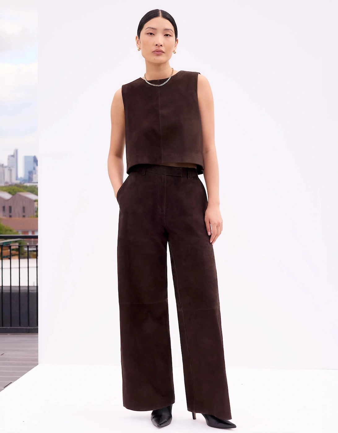 Petite Chocolate Brown Suede Wide Leg Trousers