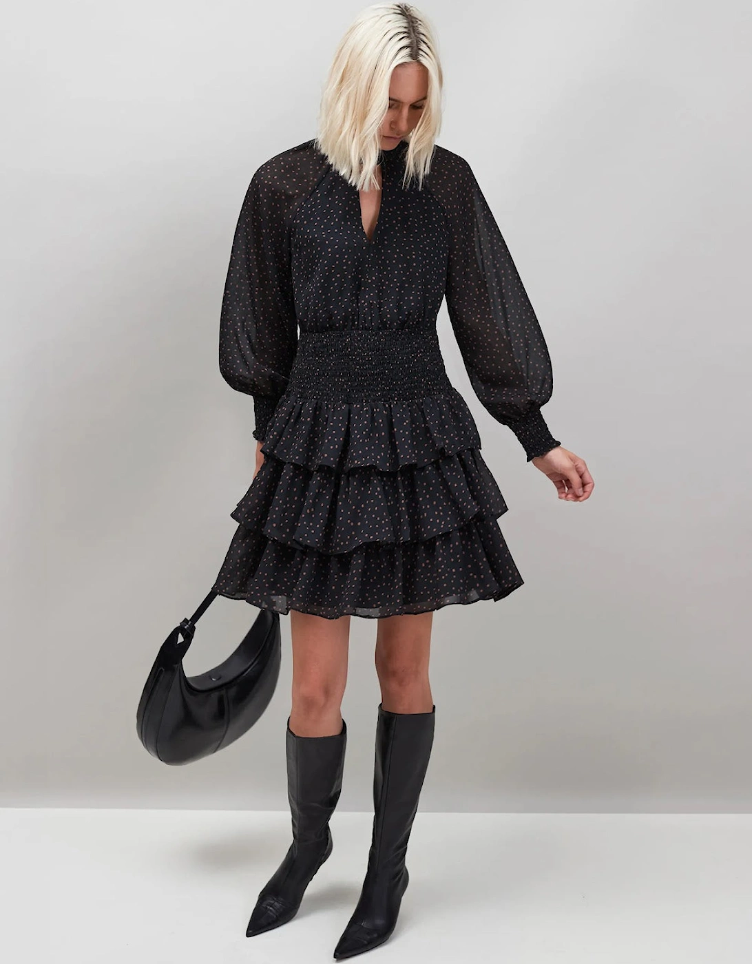 Caramel Dash Print Tiered Mini Dress
