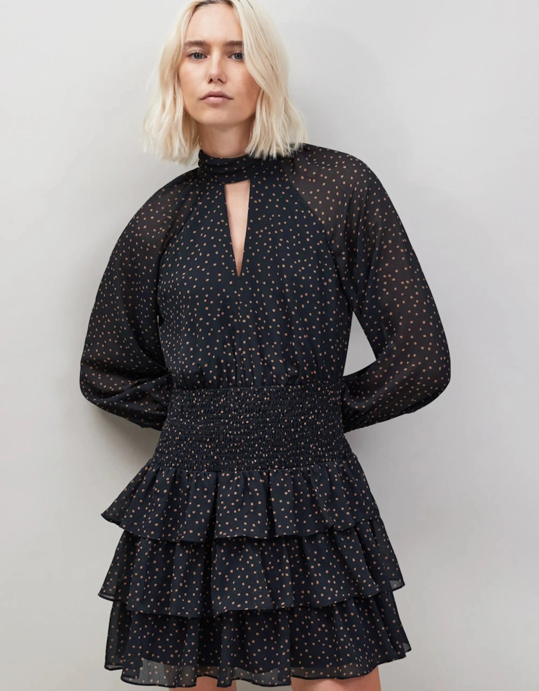 Caramel Dash Print Tiered Mini Dress