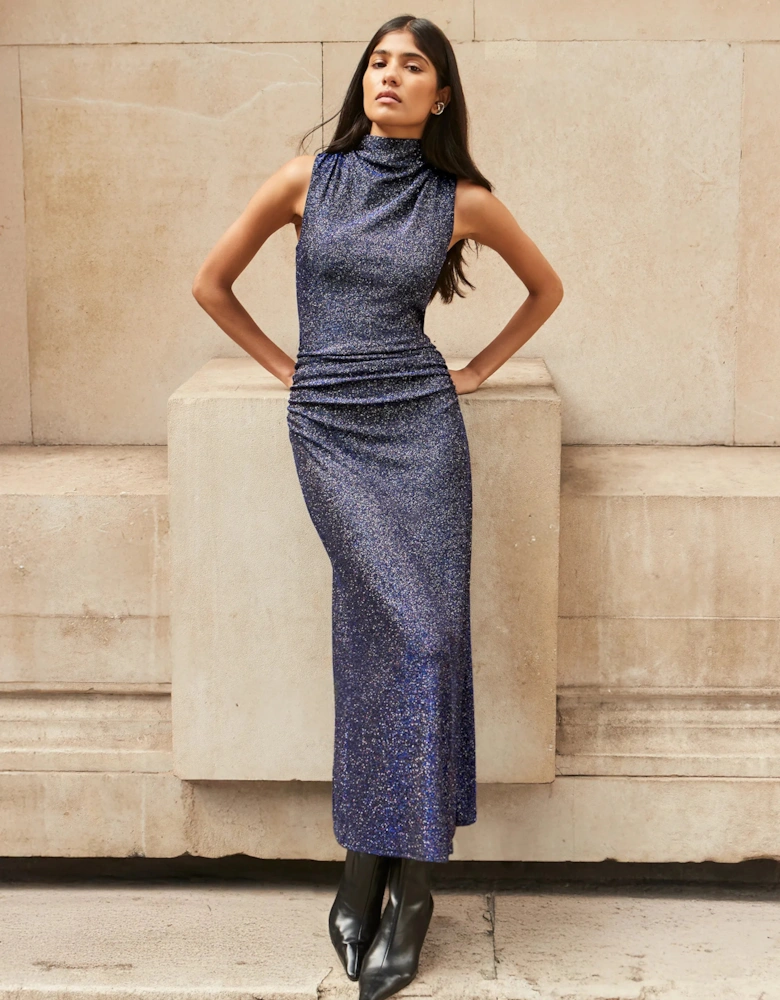 Robyn Blue Sparkle Cowl Neck Dress