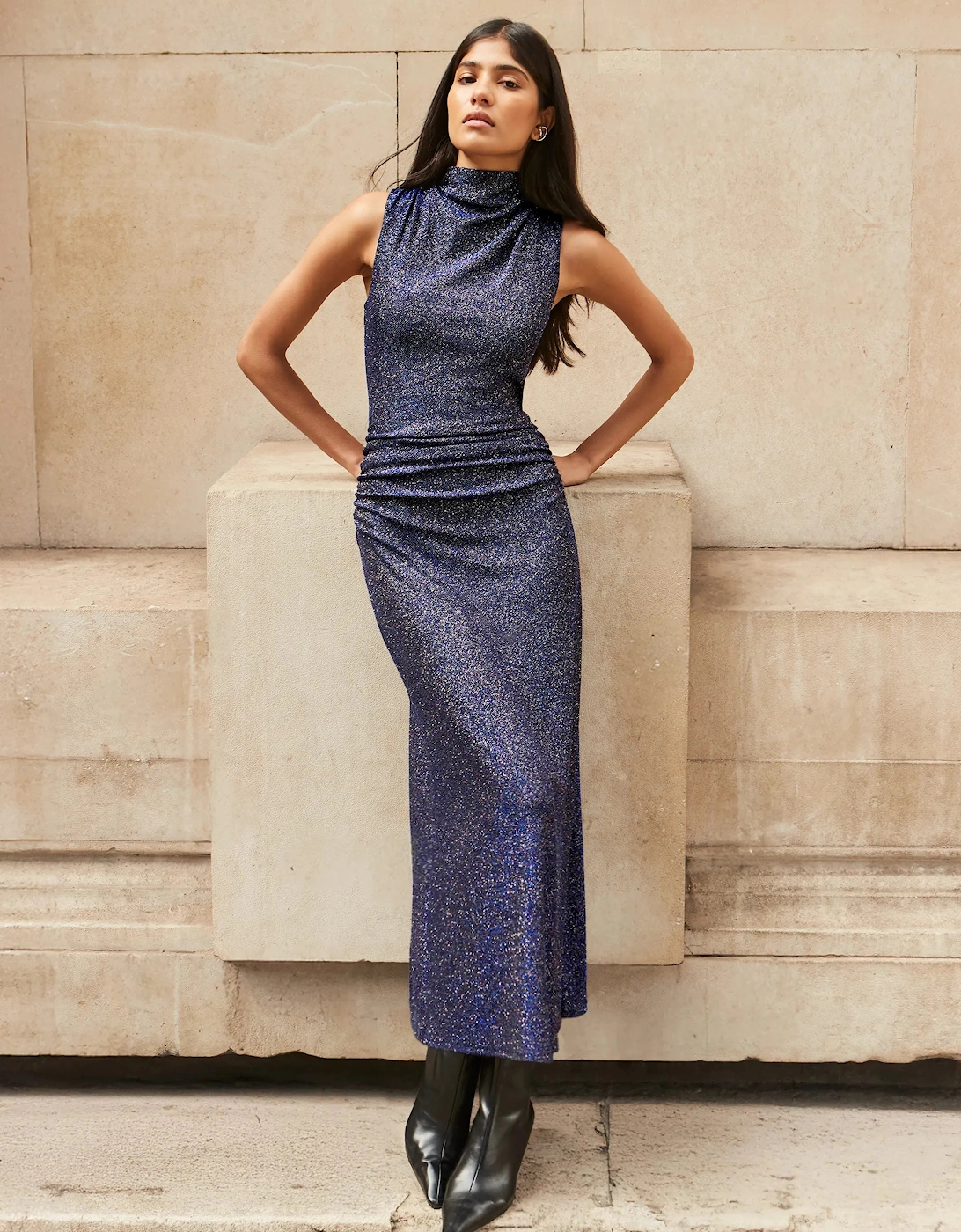 Robyn Blue Sparkle Cowl Neck Dress
