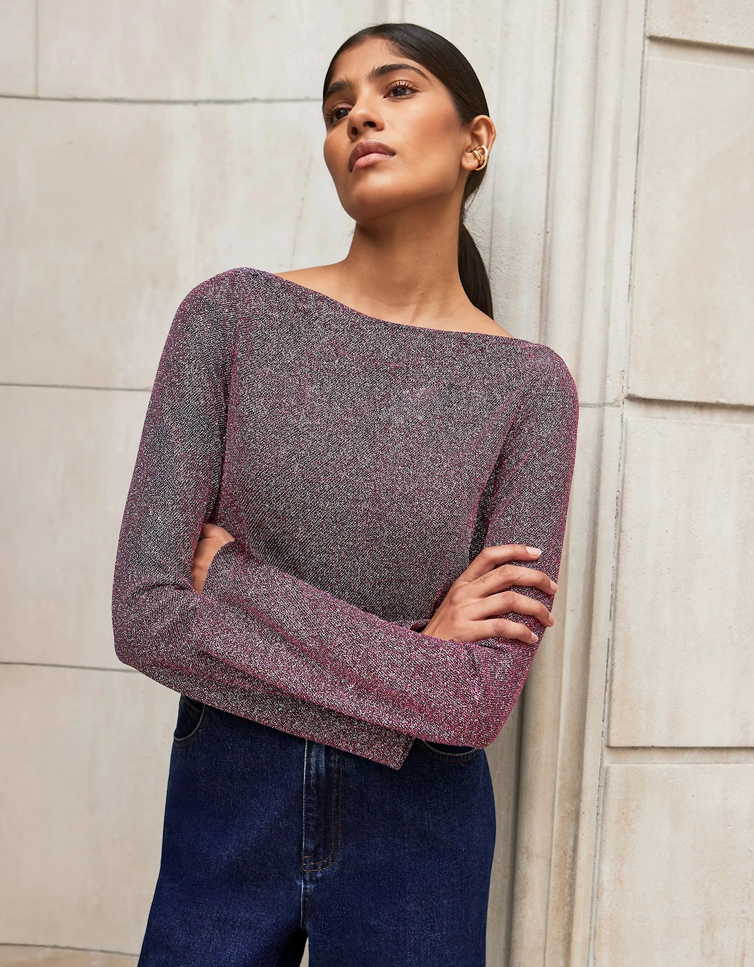 Pink Cowl-Neck Sparkle Jersey Top