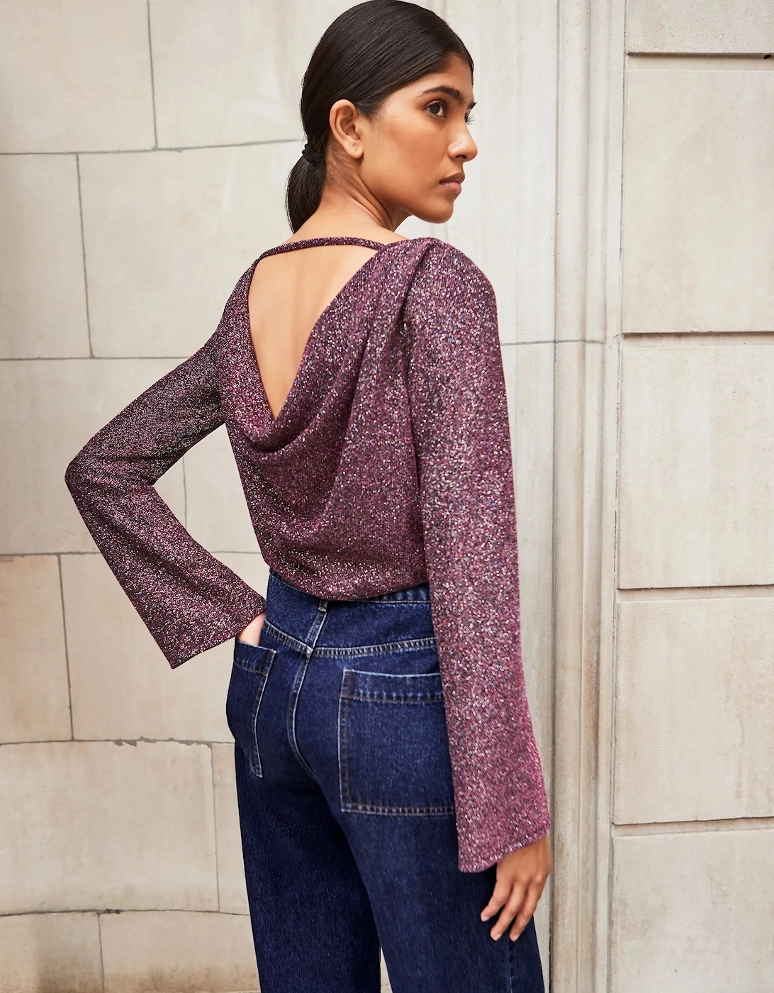 Pink Cowl-Neck Sparkle Jersey Top