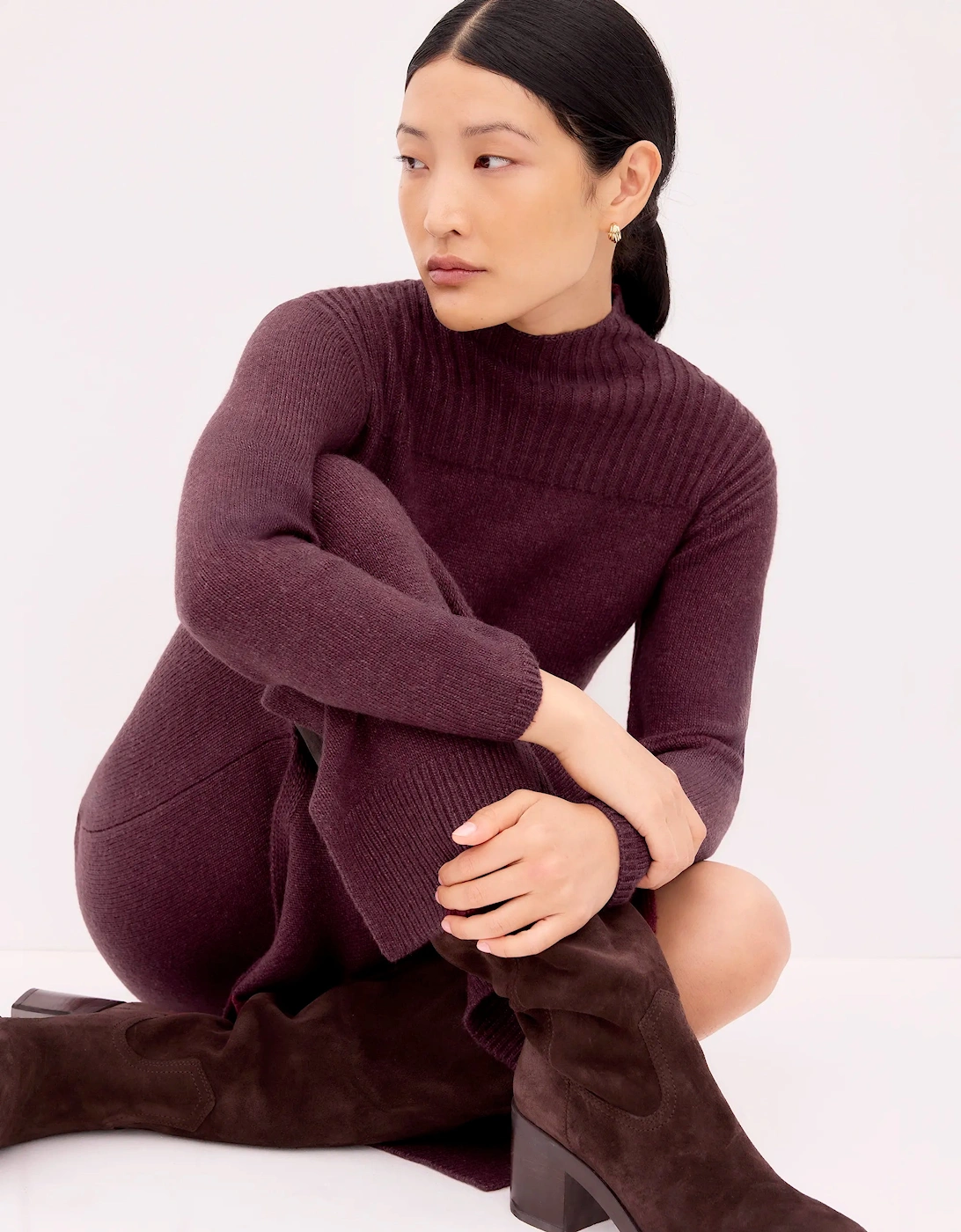 Burgundy Rib Knit High Neck Dress