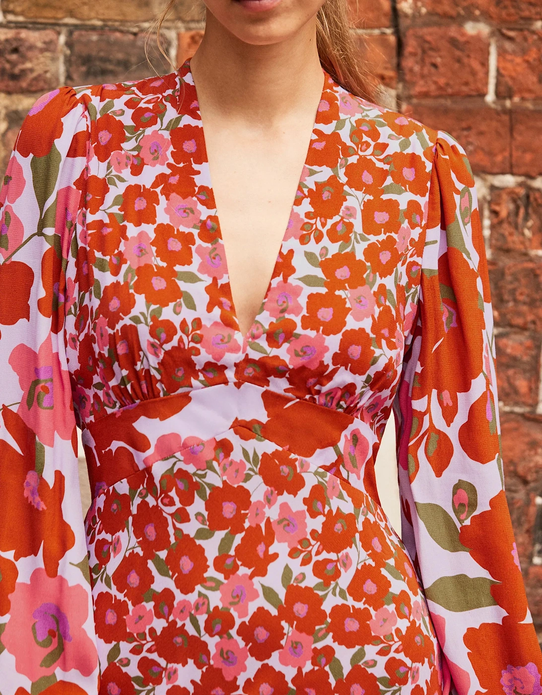 Petite Lilac And Coral Poppy Print Waist Detail Dress