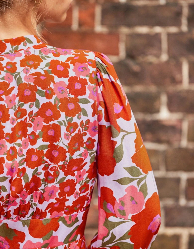 Petite Lilac And Coral Poppy Print Waist Detail Dress