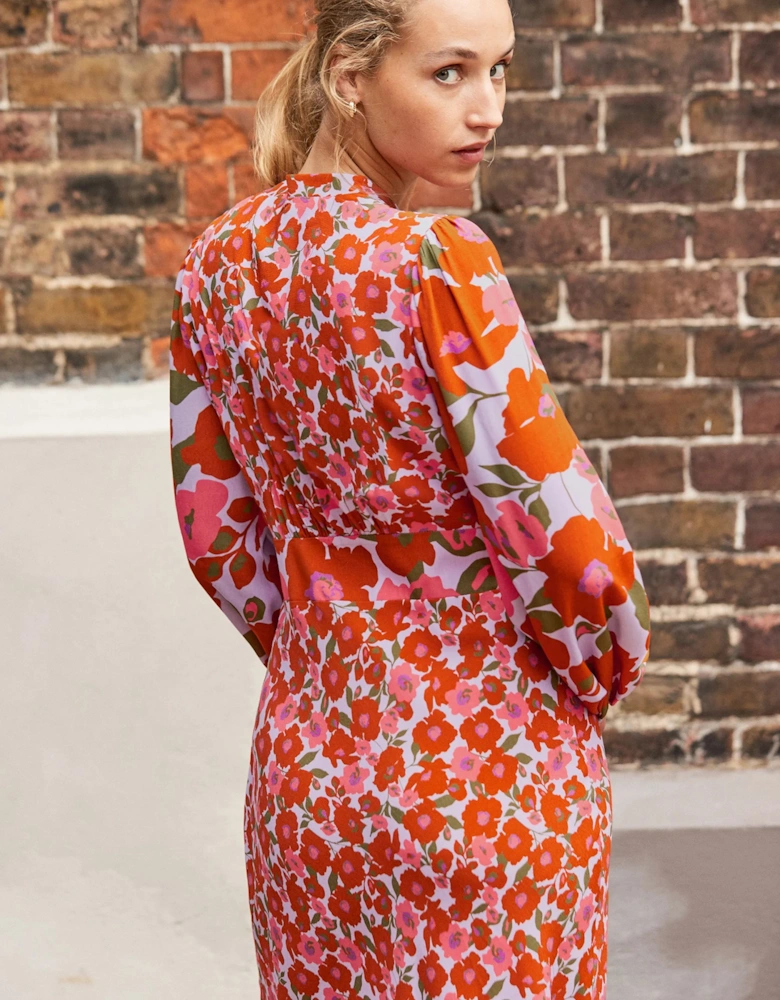 Petite Lilac And Coral Poppy Print Waist Detail Dress