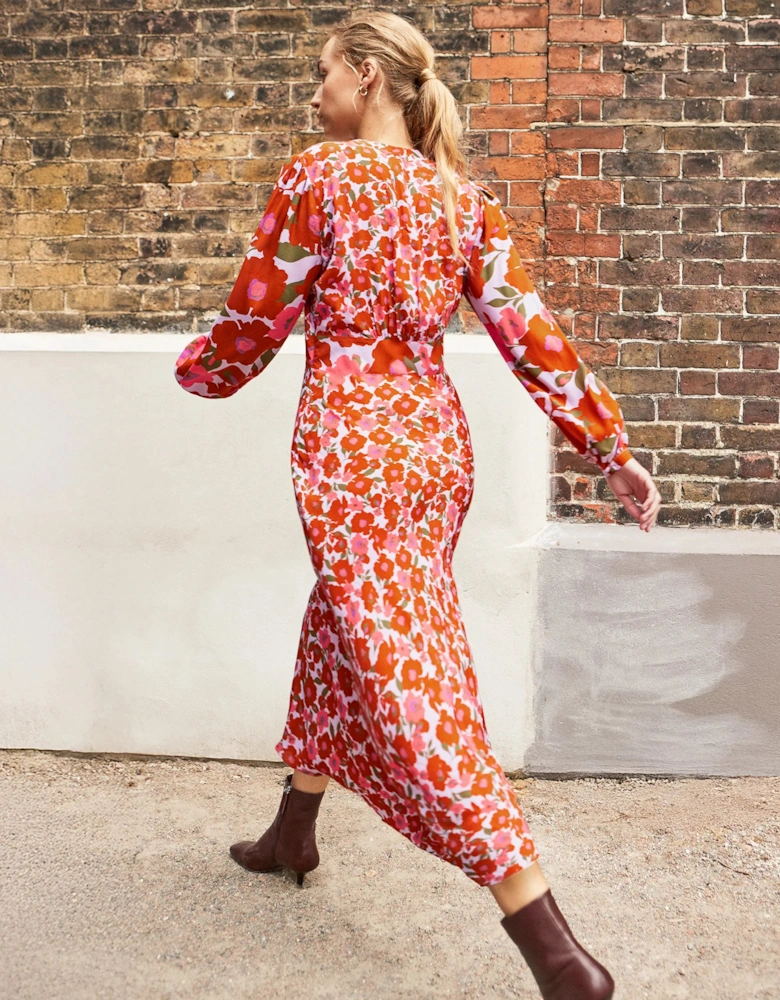 Petite Lilac And Coral Poppy Print Waist Detail Dress