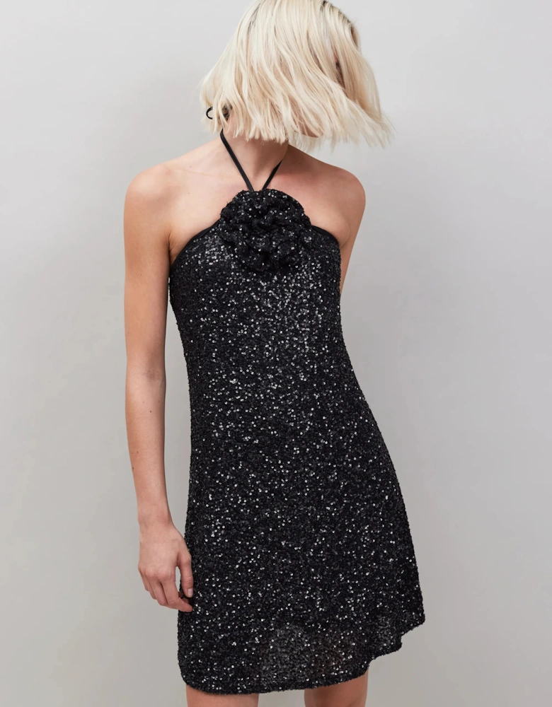 Petite Mimi Sequinned Corsage-Detail Halterneck Mini Dress