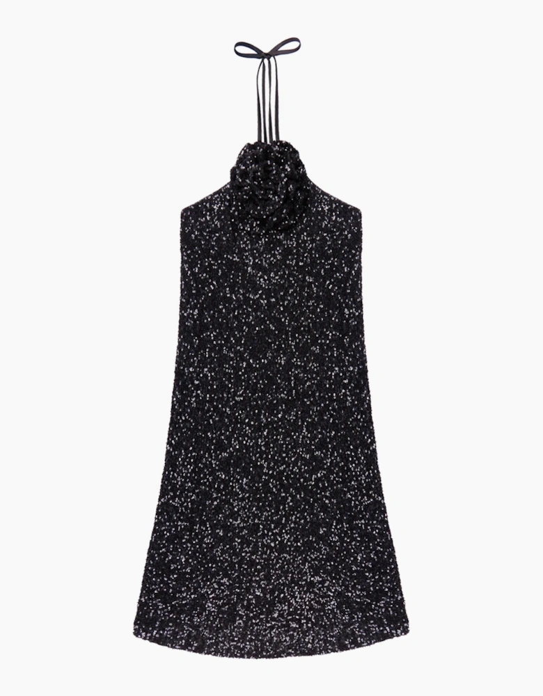 Petite Mimi Sequinned Corsage-Detail Halterneck Mini Dress