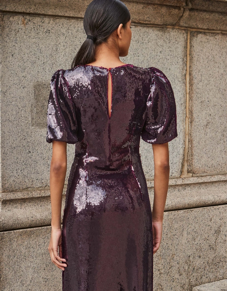 Petite Annabelle Wine Puff Sleeve Dress