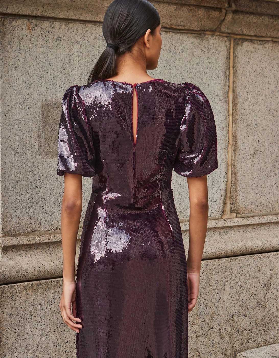 Petite Annabelle Wine Puff Sleeve Dress