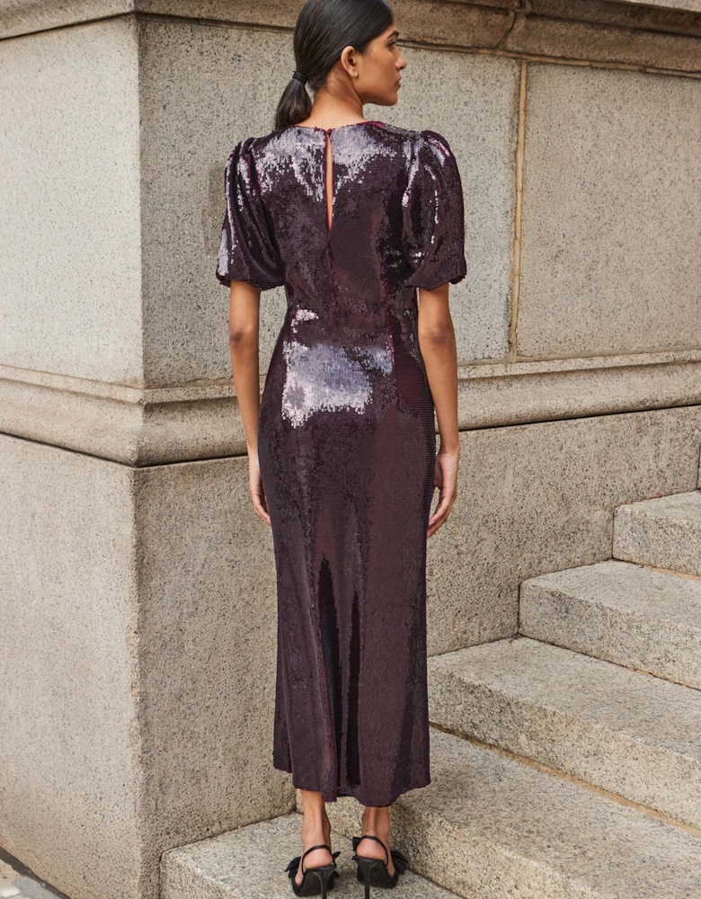 Petite Annabelle Wine Puff Sleeve Dress